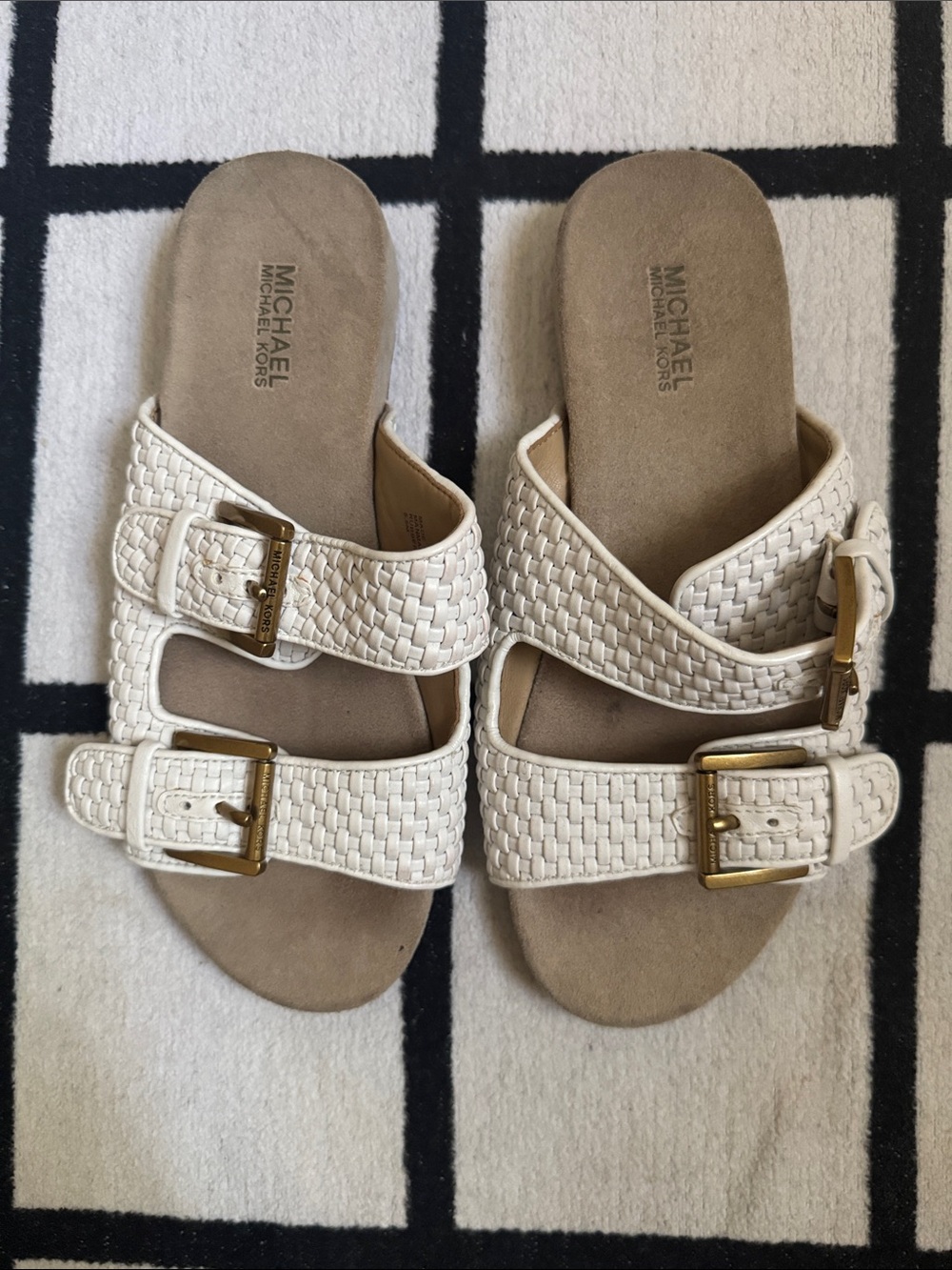 Michael Kors White Woven Double Buckle Slide Sandals